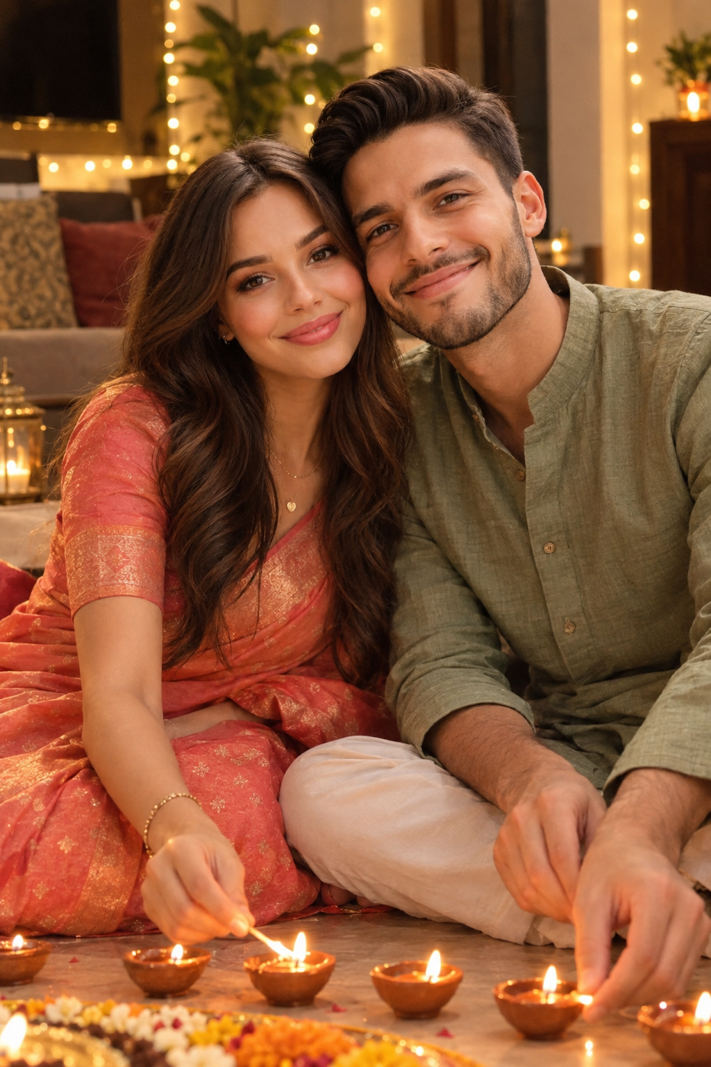 AI Diwali couple photo of two people lighting a row of diyas on a living room floor