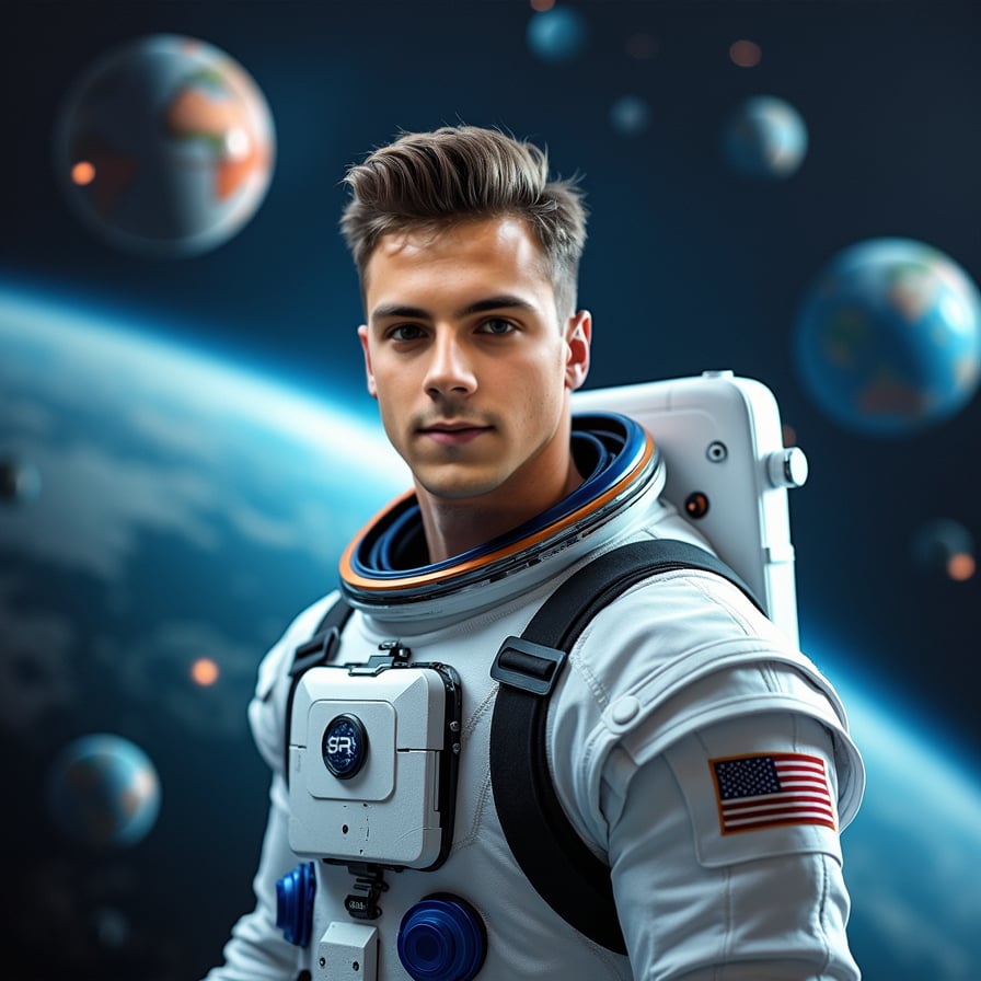man in astronaut attire, surrounded by floating satellites and celestial bodies, against a stunning backdrop of Earth from space, with a sense of weightlessness and futuristic technology