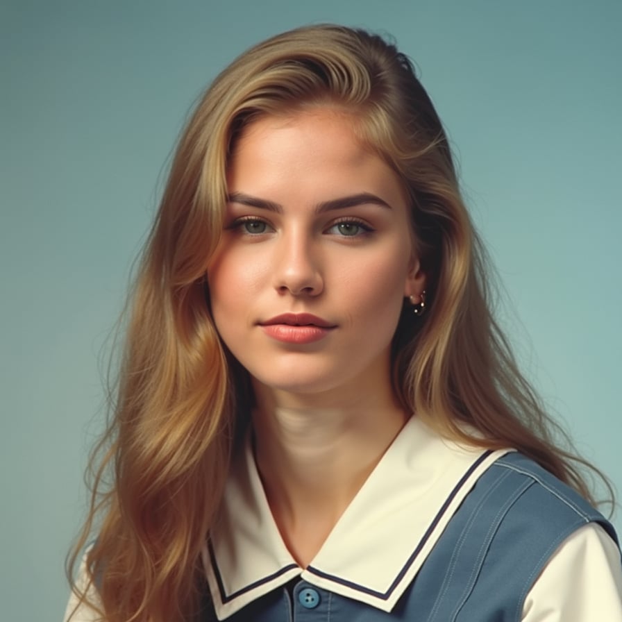 School dress, blue background, 1990s style, warm lighting.