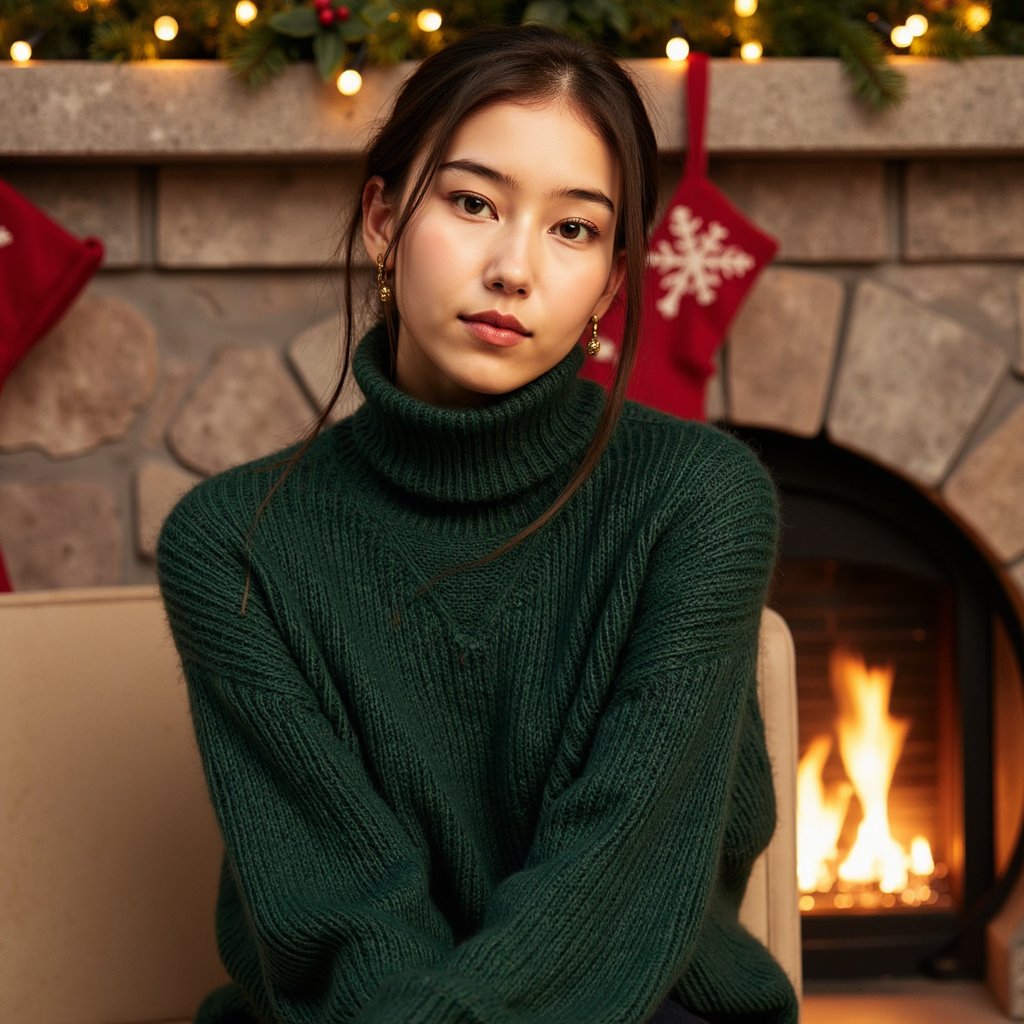 Headshot photo of a woman seated slightly angled to camera (rule-of-thirds framing, not centered), chin gently lowered, soft half-smile. She wears a deep-green cashmere turtleneck with fine ribbing and subtle pilling detail; delicate gold hoop earrings and a thin chain necklace. Hair: glossy loose waves tucked behind one ear. Makeup: warm neutral tones, soft brown liner, dewy skin, subtle highlight on cheekbones. Lighting: warm firelight key from camera-left, dim practicals in background, gentle rim light from a table lamp to separate hair from backdrop. Background: stone fireplace with a discreet garland and two matte red stockings, minimal clutter, soft bokeh fairy lights; shallow depth of field. Camera: 85mm lens, f/1.8, eye-level; highly detailed, highly realistic, HDR; skin texture natural, knits show thread grain; no motion, serene, editorial quality.