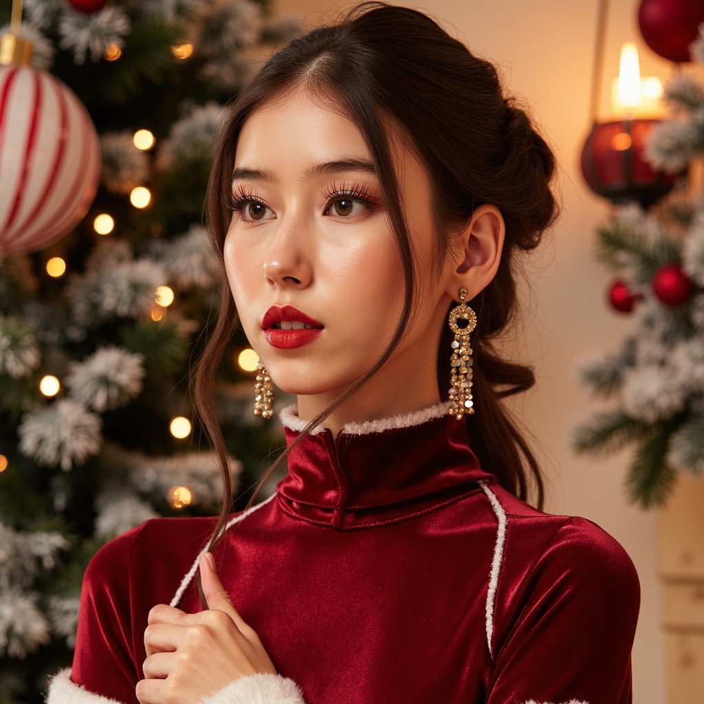 Head-and-shoulders portrait of a woman styled in a luxurious modern Mrs. Claus look. She wears a deep-red velvet top trimmed with subtle faux-fur edging, velvet texture visible with rich sheen. Hair: voluminous curls pulled into a soft half-up style. Makeup: festive glam—soft gold shimmer eyeshadow, long lashes, bold red lipstick.
Lighting: bright holiday beauty lighting with warm accents, soft key from the front and a faint rim light outlining her curls.
Background: blurred North-Pole-inspired holiday decor—frosted garland, subtle candy-cane red-and-white bokeh, minimal clutter.
Camera: 85mm f/2; highly detailed, highly realistic, HDR, showing velvet pile, fur texture, and crisp makeup details; still, confident pose.