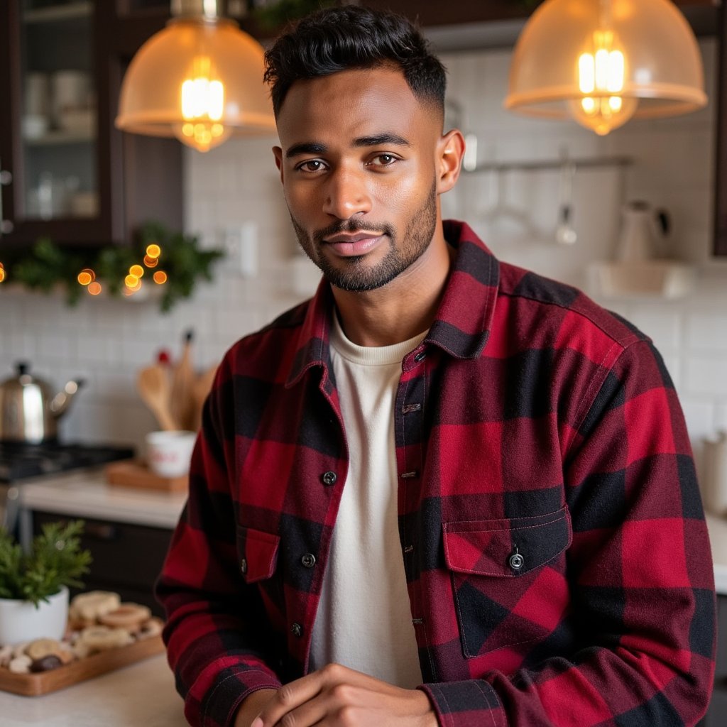 Waist-up portrait of a man standing in a holiday-lit kitchen, leaning lightly against the counter, hands loosely clasped in front, no motion. He wears a deep-red flannel shirt layered over a cream thermal tee; flannel pattern threads visible in crisp detail. Hair: slightly messy textured quiff; clean-shaven. Lighting: warm overhead pendant lights with soft falloff on one side, plus a subtle orange glow from a stovetop kettle off-frame. Background: blurred Christmas cookie tin, pine sprigs, soft-string lights—minimal clutter, shallow DOF. Camera: 50mm f/2 at slight lower-than-eye angle for a homey vibe; highly detailed, highly realistic, HDR with clear textile structure and natural skin texture.