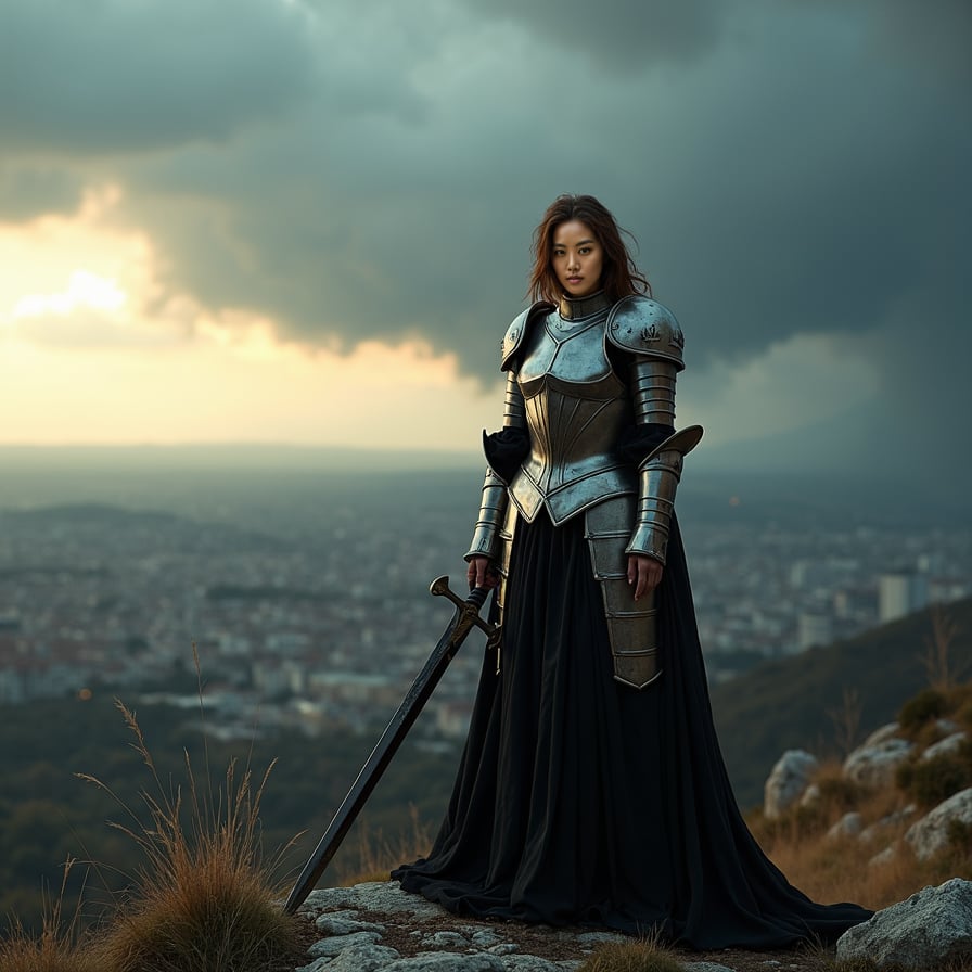 A woman dressed in medieval armor stands on a rocky hilltop, with storm clouds gathering behind her. She faces the camera with a fierce and resolute expression, holding a large sword planted in the ground in front of her. Her armor glints in the fading light of the day, and behind her, a vast battlefield stretches into the horizon. The atmosphere is epic, with a sense of an impending battle, captured in a grand, sweeping cinematic style.