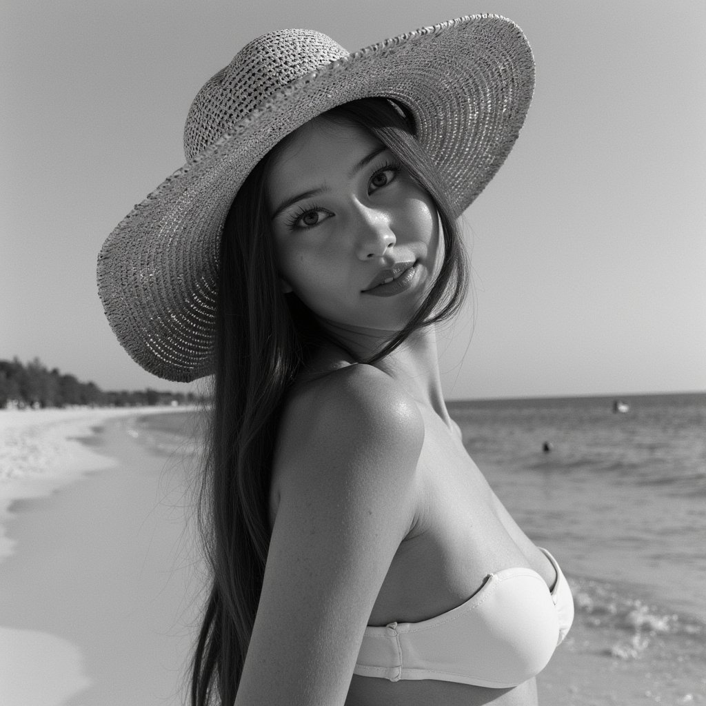 Adult woman — monochrome beachfront close-up portrait (black & white); attire: classic bandeau bikini (matte white) with a wide-brim raffia sunhat; hair: loose waves tucked behind one ear; pose: shoulders angled 20°, eyes to camera with soft smile; camera: 105mm macro used as portrait, f/3.5, ISO 100, 1/1250s; lighting: late-afternoon side light for crisp micro-contrast, white bounce for fill; background: blurred surf line and sky gradient, minimal elements; details: fine weave of hat brim sharply resolved, subtle fabric grain of bandeau, defined yet natural skin texture—no plasticity; style: highly realistic, highly detailed, HDR tonality in B&W, timeless fashion.