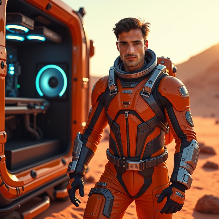 man in futuristic astronaut suit, surrounded by Martian landscape, constructing a futuristic habitat module, under the harsh reddish-orange glow of the Martian sky, with a barren, rocky terrain stretching out to the horizon.