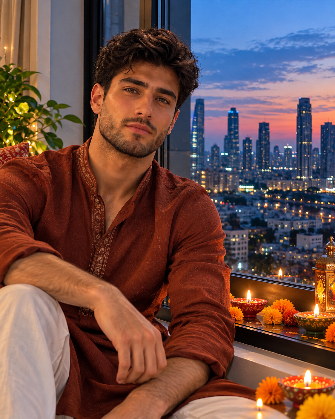 AI Diwali portrait of a man in a rust kurta on an apartment windowsill with diyas and a city skyline