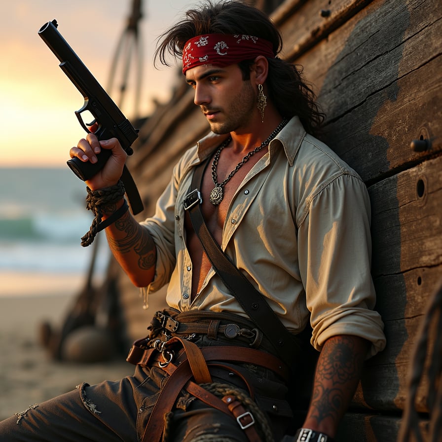 man in rugged pirate outfit, holding a pistol, with a bandana and eye patch, posed against a worn wooden shipwreck background, golden hour lighting,with a distant ocean view, captivating a sense of swashbuckling adventure.