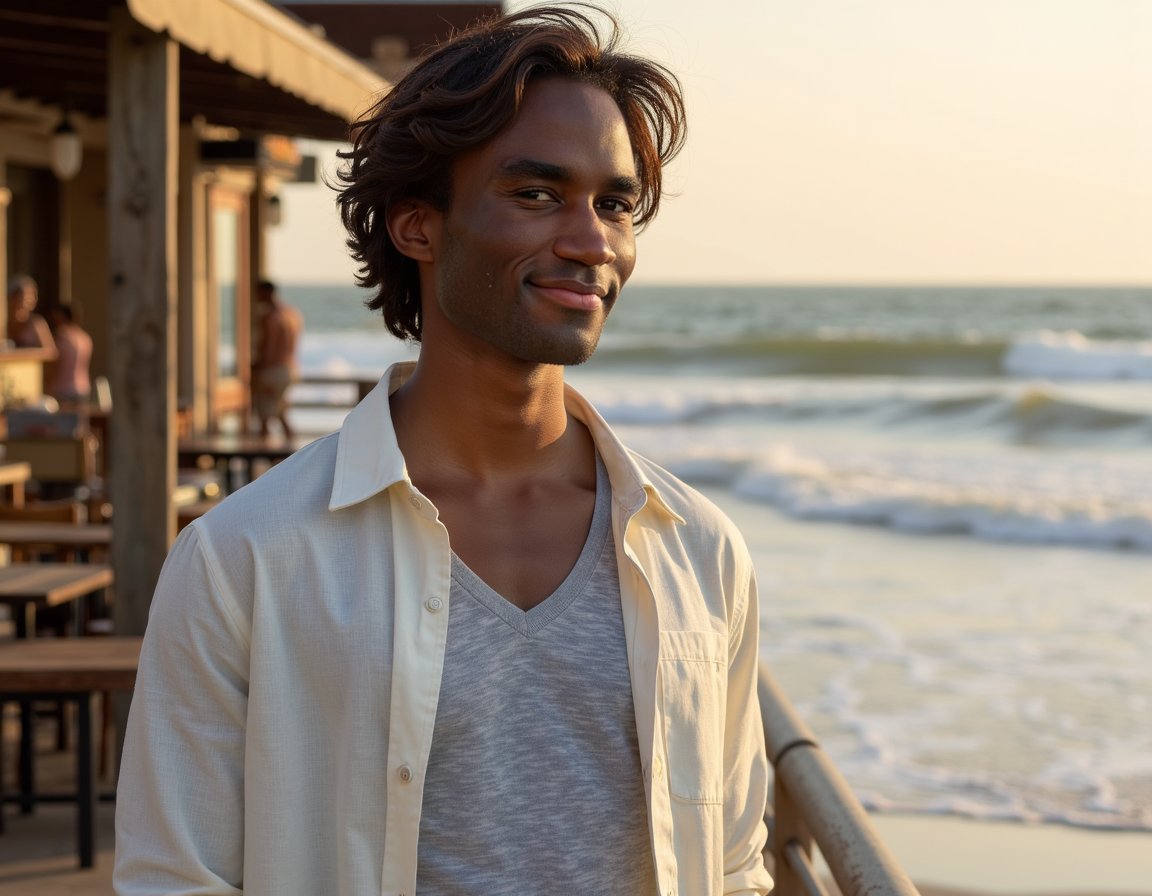 man wearing an unbuttoned, off-white linen shirt over a simple light gray crew-neck t-shirt. His body is turned slightly to the left, and he has a soft smile, his hair gently tousled by the wind. The background features the blurred, shimmering expanse of ocean waves meeting a rustic boardwalk café, all bathed in the warm, diffused glow of golden hour. The sunlight intricately highlights the texture of his shirt and individual strands of his windswept hair.