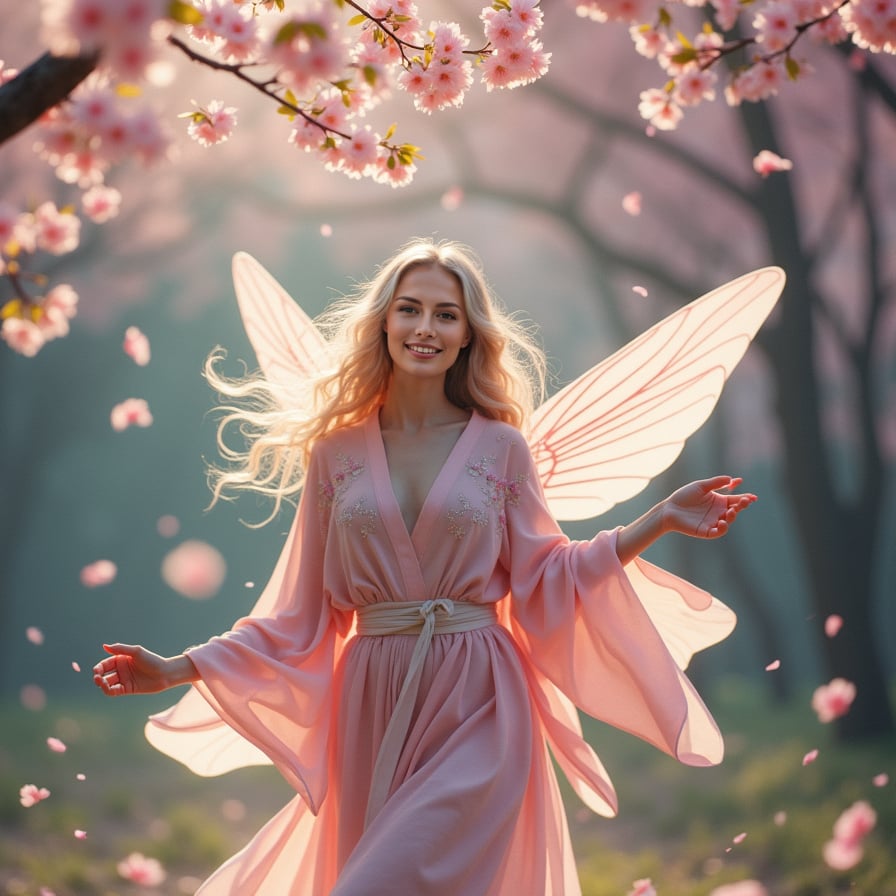 A magical fairy-like woman with flowing pastel hair dances among floating cherry blossoms in an ethereal, enchanted forest. Her translucent wings catch the golden light, and tiny glowing particles follow her movements