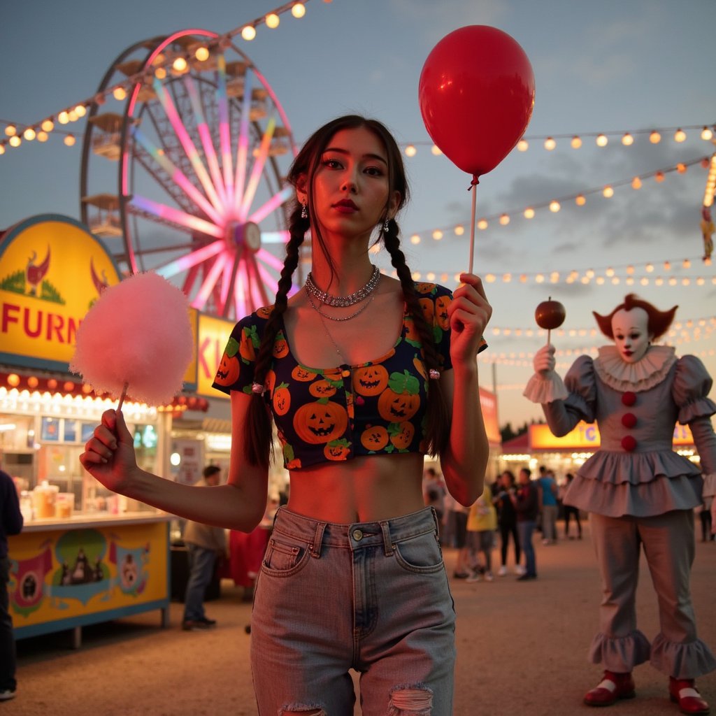 photo of a woman standing at a vintage carnival at dusk. she wears ripped light-wash jeans and a pumpkin-print crop top, accessorized with layered silver necklaces and glittery hair clips. her hair is styled into playful braided pigtails, and her makeup is fun and colorful with glossy lips and a subtle shimmer on her cheeks. she holds cotton candy in one hand and a caramel apple in the other. glowing string lights, ferris wheels, and food stalls shine brightly in the background with a dreamy nostalgic blur. in the background, in the distance near the funhouse mirrors stands Pennywise from IT, holding a single red balloon, his clown face barely lit in the carnival’s neon glow, creating an unsettling but cinematic contrast.