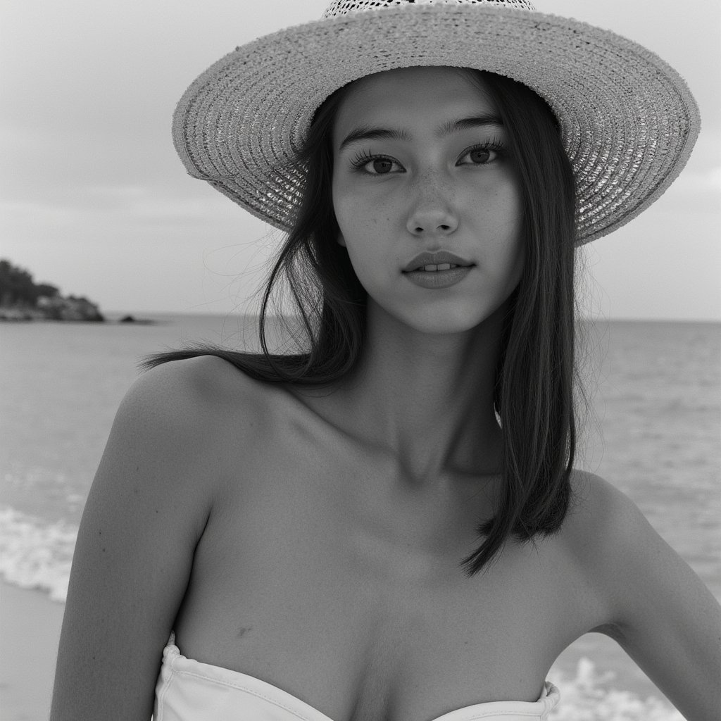 Adult woman — monochrome beachfront close-up portrait (black & white); attire: classic bandeau bikini (matte white) with a wide-brim raffia sunhat; hair: loose waves tucked behind one ear; pose: shoulders angled 20°, eyes to camera with soft smile; camera: 105mm macro used as portrait, f/3.5, ISO 100, 1/1250s; lighting: late-afternoon side light for crisp micro-contrast, white bounce for fill; background: blurred surf line and sky gradient, minimal elements; details: fine weave of hat brim sharply resolved, subtle fabric grain of bandeau, defined yet natural skin texture—no plasticity; style: highly realistic, highly detailed, HDR tonality in B&W, timeless fashion.