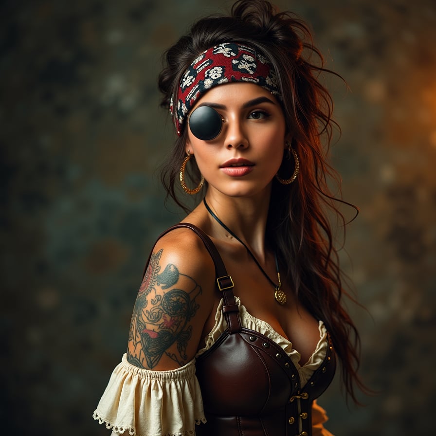 woman in a pirate-inspired costume, adorned with a bandana, eye patch, and a faux leather corset, posing dramatically in a photo studio with a dark, moody backdrop and soft, golden lighting.