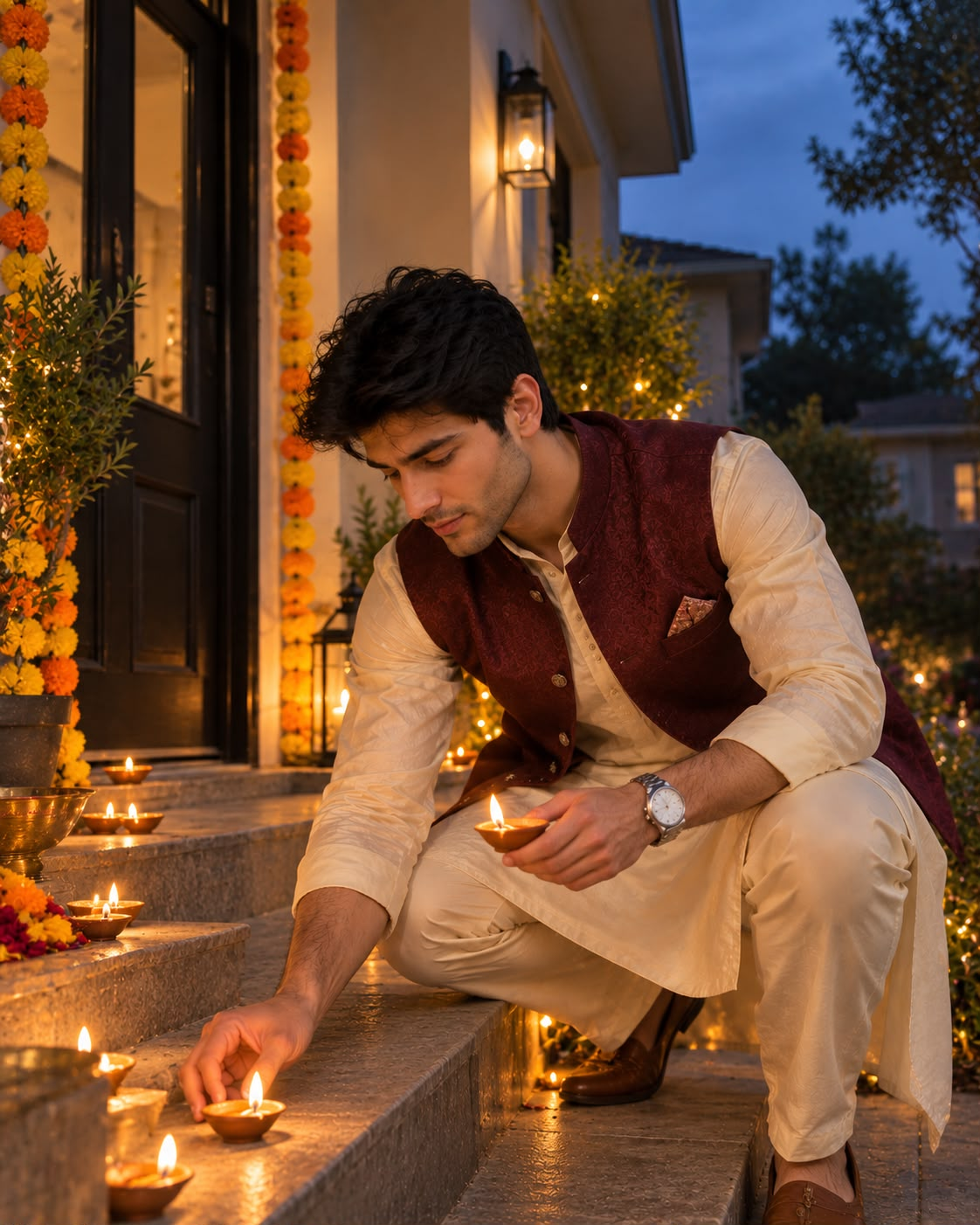 AI Diwali photo of a man in an ivory kurta placing a diya on the front steps of a house