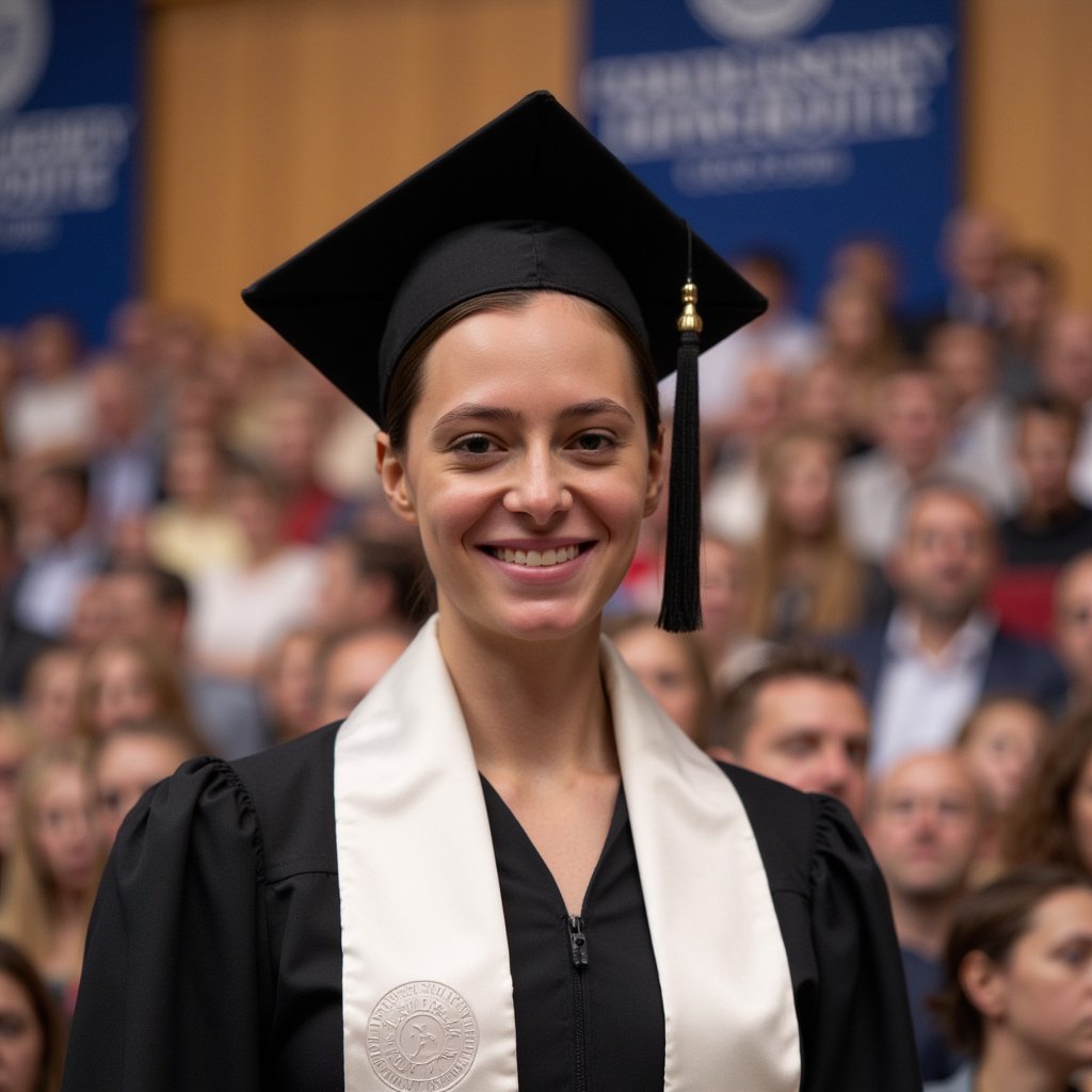 Tight headshot of a woman graduate just off-stage, head slightly tilted, gentle proud smile; black gown with a white stole embossed with a faint seal (no text), mortarboard tassel resting along the cheek line (not held); sleek low bun with a clean center part; camera straight-on at eye level; 105mm lens, f/2.5, ISO 200; lighting: soft key from a nearby diffused LED panel, subtle hair light from above, preserving natural skin texture; background: defocused stage lights forming round bokeh and a blurred university banner in deep blue; micro detail: satin stole highlights, tassel fiber separation, subtle pores and fine hairs around the hairline; minimal clutter, shallow DOF, true-to-skin color, highly detailed, highly realistic, HDR finish.
