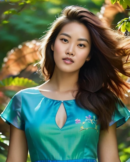 Energetic tropical adventurer, rainforest backdrop, lush greenery, and waterfalls.