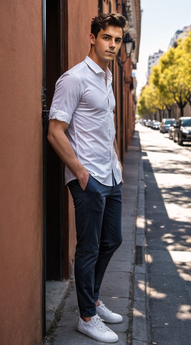 Trendy city dweller, sleek outfit, modern skyscrapers in the background.