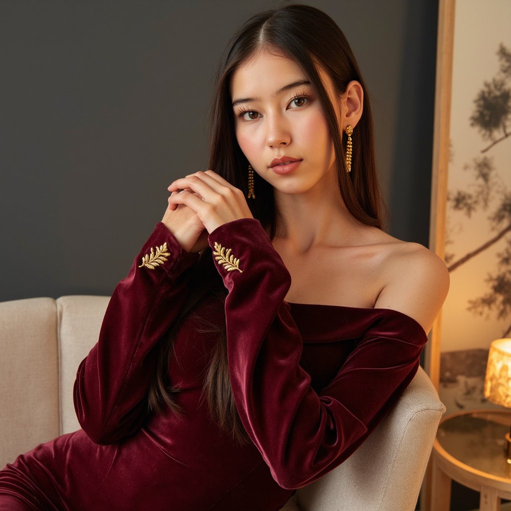 Highly detailed and highly realistic HDR image of a young Latina woman (female, ~30 yrs) captured waist-up in a studio environment. Camera angle slightly low (looking up ~5°) to emphasise confident pose. She wears a deep burgundy velvet dress with off-shoulder neckline and subtle gold embroidery on the cuffs, and long dangling gold leaf earrings. Her hair is jet-black, straight and sleek, parted in the middle, falling just past her shoulders. Studio lighting: three-point lighting setup — key light softbox front left, fill light soft and dim front right, hair light from above to create separation; background is solid charcoal-grey, minimal clutter, slightly faded vignette. Her pose: right hand gently resting on left upper arm, left arm relaxed; facial expression is warm with soft smile, dimples visible. Skin tones are rich and even, texture visible (pores, slight sheen on high cheekbones). The velvet dress fabric shows pile texture catching light, subtle folds across torso. The background is out-of-focus solid colour, no visible props. The image gives elegant celebration-ready Thanksgiving style.