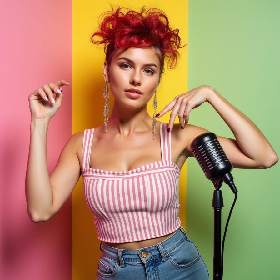 woman with a vibrant, bold hairstyle and bold makeup, wearing a trendy outfit with a pop of color, posing confidently with a fun, playful expression in front of a bright, pastel-colored background, with a microphone in the foreground, highlighting her energetic and engaging personality