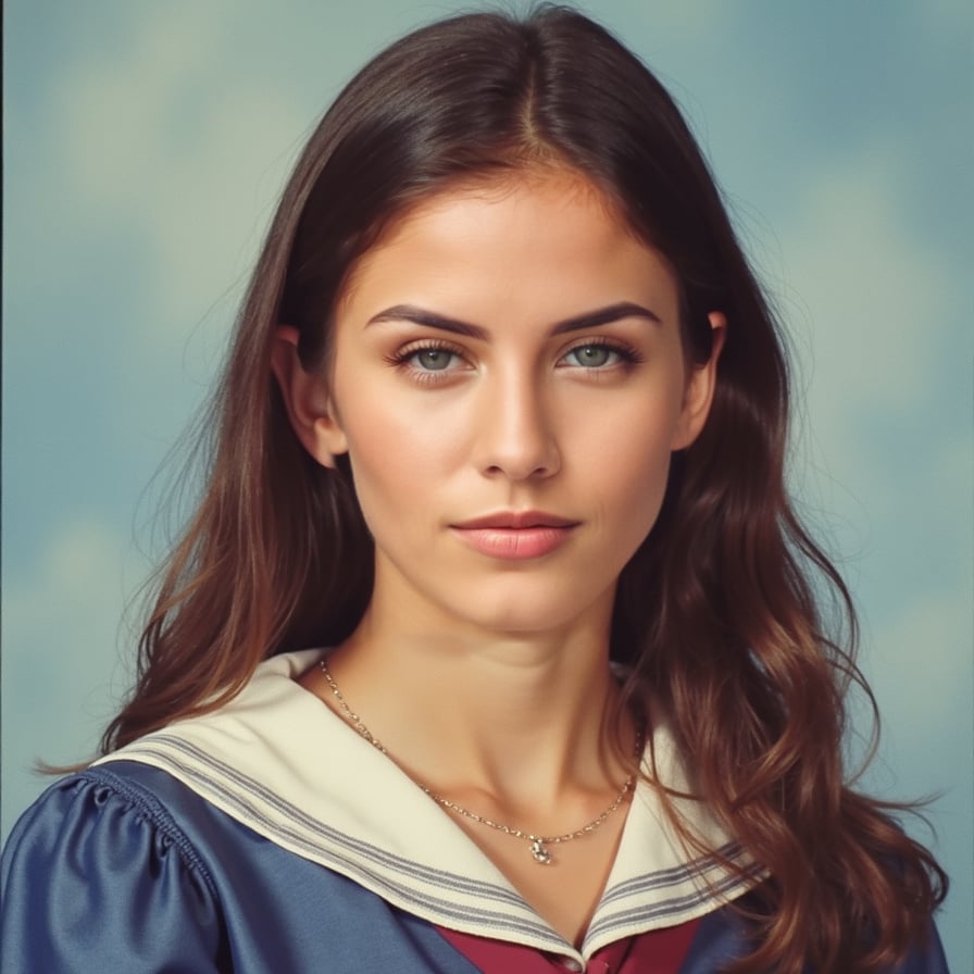 School dress, blue background, 1990s style, warm lighting.