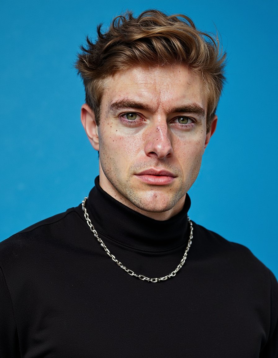 man wearing a form-fitting black turtleneck and a delicate silver chain around his neck. He is positioned in a waist-up portrait, his body angled subtly at 45 degrees, with a serious, intense gaze directed straight into the camera. The scene is illuminated by harsh side lighting that casts intriguing mild shadows across his face, highlighting realistic stubble and visible skin pores. He stands sharply separated from a vivid, solid electric blue backdrop, creating a striking contrast.