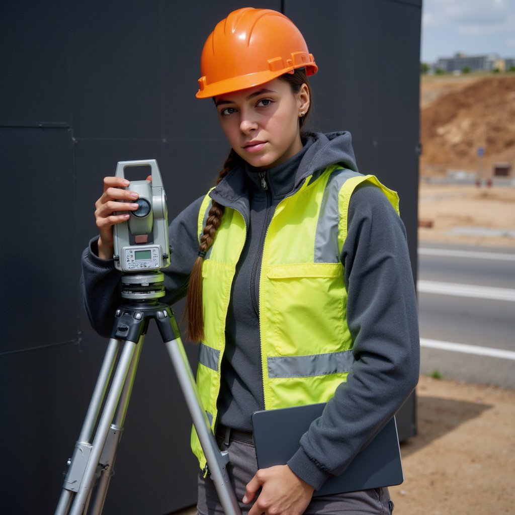 Highly detailed, highly realistic HDR image of a woman civil engineer in a high-vis vest over a slate-gray soft-shell jacket, helmet strapped, durable cargo pants visible; hair in tight braid. Camera: 85mm lens, f/2.8, ISO 200, waist-up, slightly low angle for authority. Lighting: late-afternoon sun as warm key from left, silver reflector fill on right; long cast shadow behind. Pose: standing beside tripod-mounted surveying theodolite, clipboard under left arm, steady determined gaze past camera. Background: softly blurred construction site earthworks and roadway, minimal clutter.