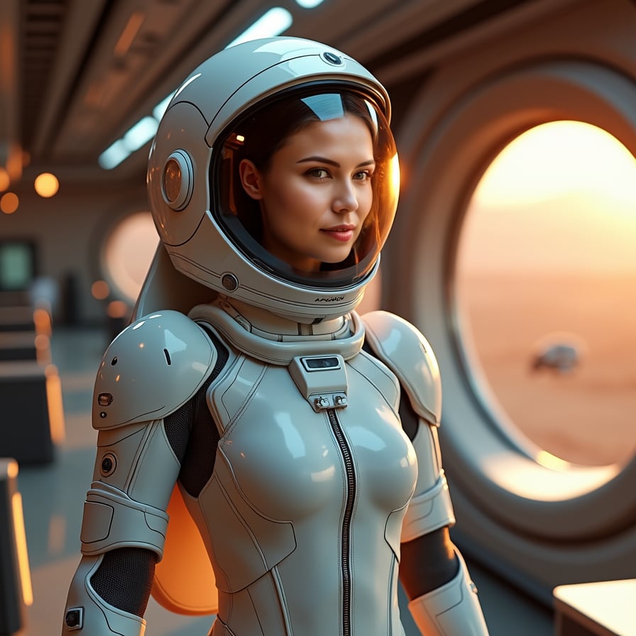 woman in a sleek, futuristic space suit, standing in a state-of-the-art satellite station on Mars, with a massive, curved window behind her showcasing the rusty, barren Martian landscape, surrounded by rows of high-tech computer terminals and futuristic equipment, with a subtle, atmospheric lighting and a sense of impending discovery.