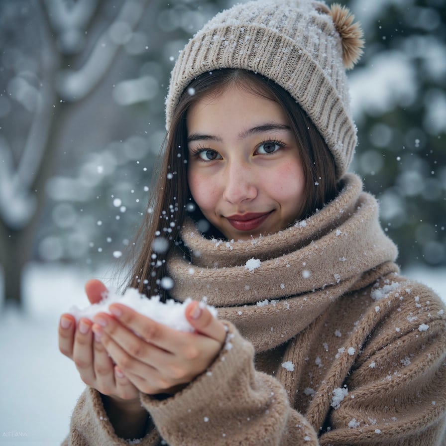 girl chest-up in a snowy outdoor setting, gently catching snowflakes with her hands, soft falling snow visible around her, cool winter lighting with glowing highlights on her face, cozy AI-generated winter coat and scarf, blurred snowy background for clean depth, joyful winter mood, highly detailed, highly realistic, HDR