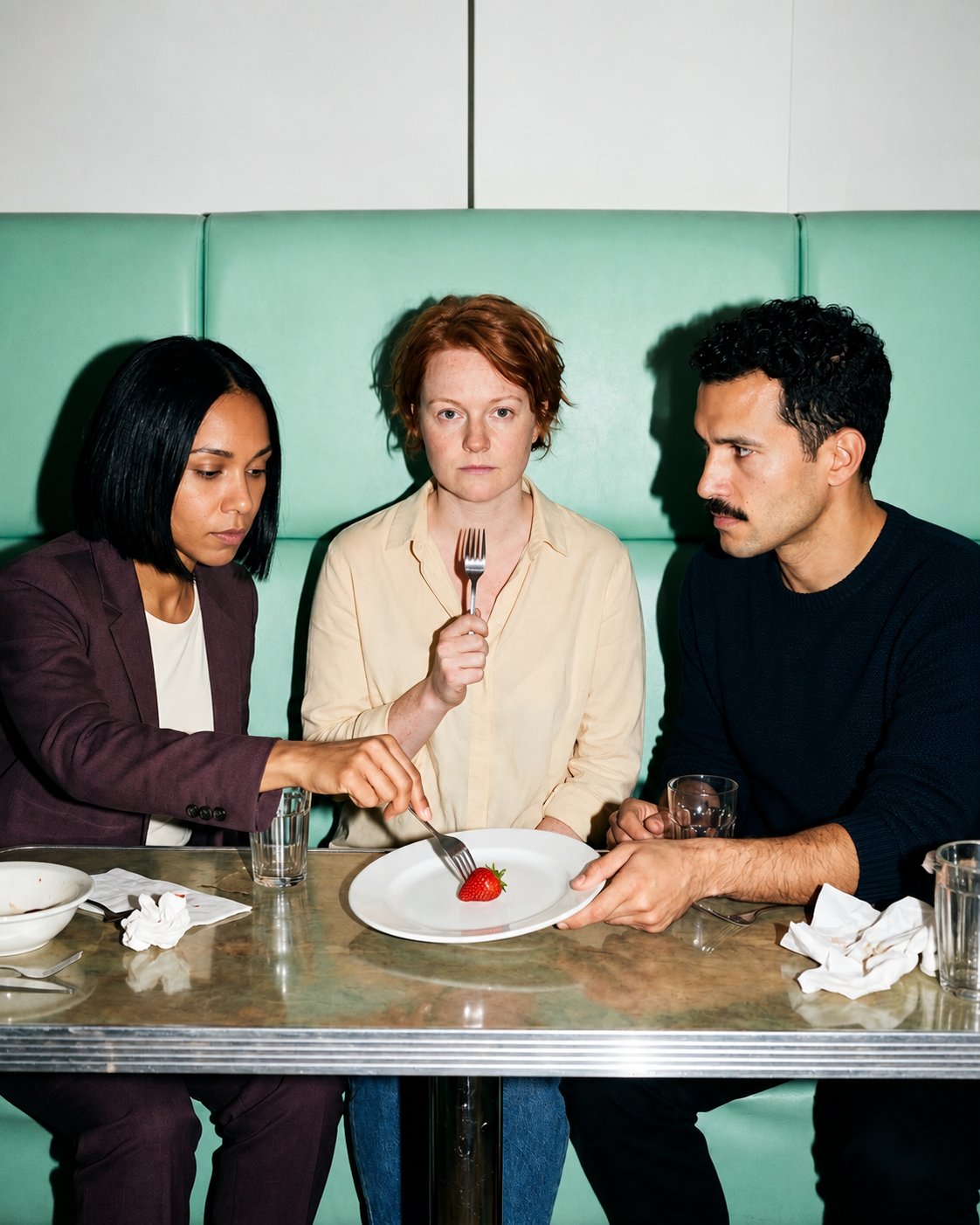 Three guests at a mint diner table competing for the last
strawberry