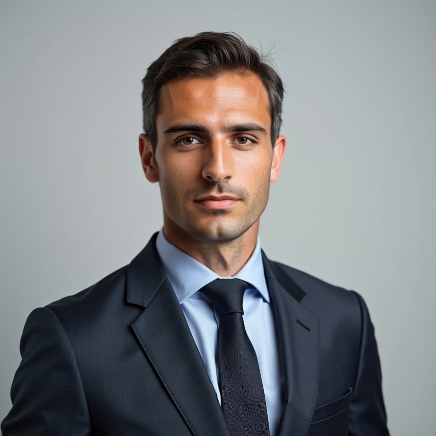 A passport-size photo of a business professional wearing a dark suit and tie. The background is plain light gray, and the lighting is bright yet evenly distributed. The individual is centered, facing forward with a neutral but confident expression