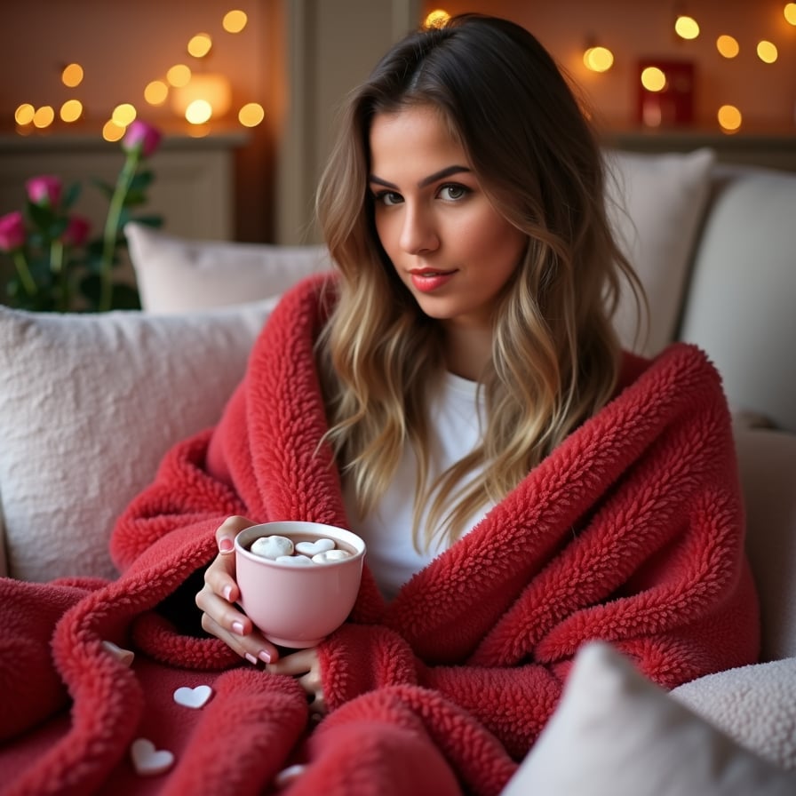A model sitting on a cozy couch, wrapped in a fluffy red Valentine's Day blanket, sipping hot chocolate with heart-shaped marshmallows in a softly lit room filled with fairy lights and rose petals.