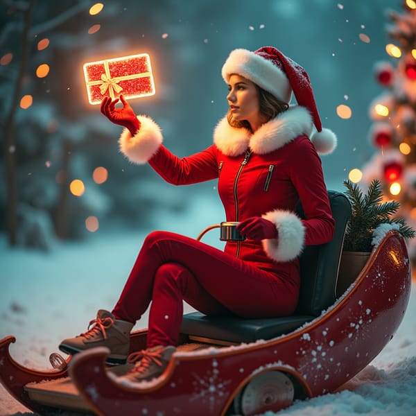A daring woman dressed in a sleek, modern red and white jumpsuit, accented with fur-lined boots and gloves, confidently piloting Santa’s futuristic sleigh. She holds a shimmering gift card high in one hand, guiding the sleigh through the starry sky. The gift card radiates light as it floats among the stars, lighting the way for a magical Christmas journey.