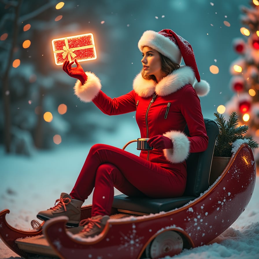 A daring woman dressed in a sleek, modern red and white jumpsuit, accented with fur-lined boots and gloves, confidently piloting Santa’s futuristic sleigh. She holds a shimmering gift card high in one hand, guiding the sleigh through the starry sky. The gift card radiates light as it floats among the stars, lighting the way for a magical Christmas journey.