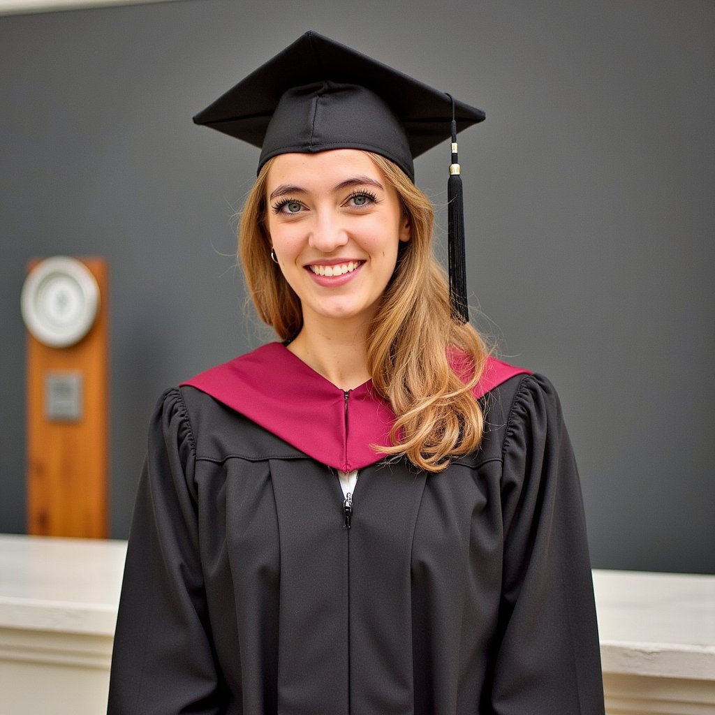 Portrait of a woman graduate, tight head-and-shoulders framing, wearing a matte black graduation gown with a burgundy satin stole and a fitted mortarboard (tassel draped on the right, silk threads visible); soft waves hairstyle tucked behind one ear, subtle natural makeup with defined lashes and soft rose lip; gentle confident smile, eyes bright; camera straight-on at eye level with a slight 3/4 shoulder turn; 85mm lens, f/2, ISO 100, 1/200s; clamshell lighting (large softbox above-camera + silver reflector below) for even skin, delicate catchlights; seamless dark gray backdrop with a faint, out-of-focus university seal pedestal off to one side; textures visible in the gown’s matte crepe folds and the stole’s satin sheen; minimal clutter, shallow depth of field, clean bokeh, ultra-sharp eyes, highly detailed, highly realistic, HDR.
