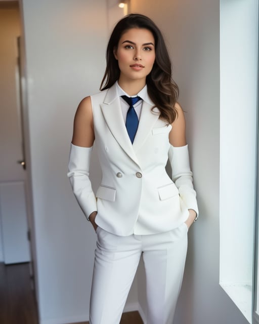 A sharply dressed executive, wearing a tailored suit and tie, stands confidently with feet shoulder-width apart against a plain white wall, bathed in soft, warm natural light pouring from a nearby window, surrounded by minimalist decor featuring a few sleek, modern lines and sparse, monochromatic artwork.