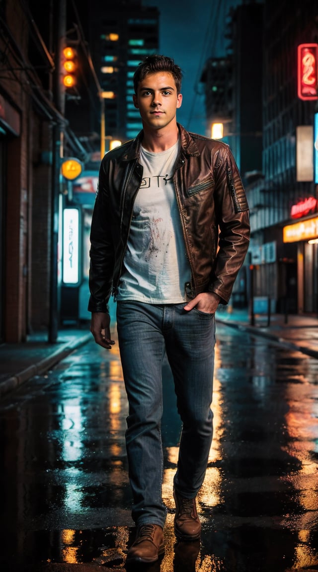 Rugged man, cybernetic implants, neon-lit cyberpunk cityscape, intense gaze.