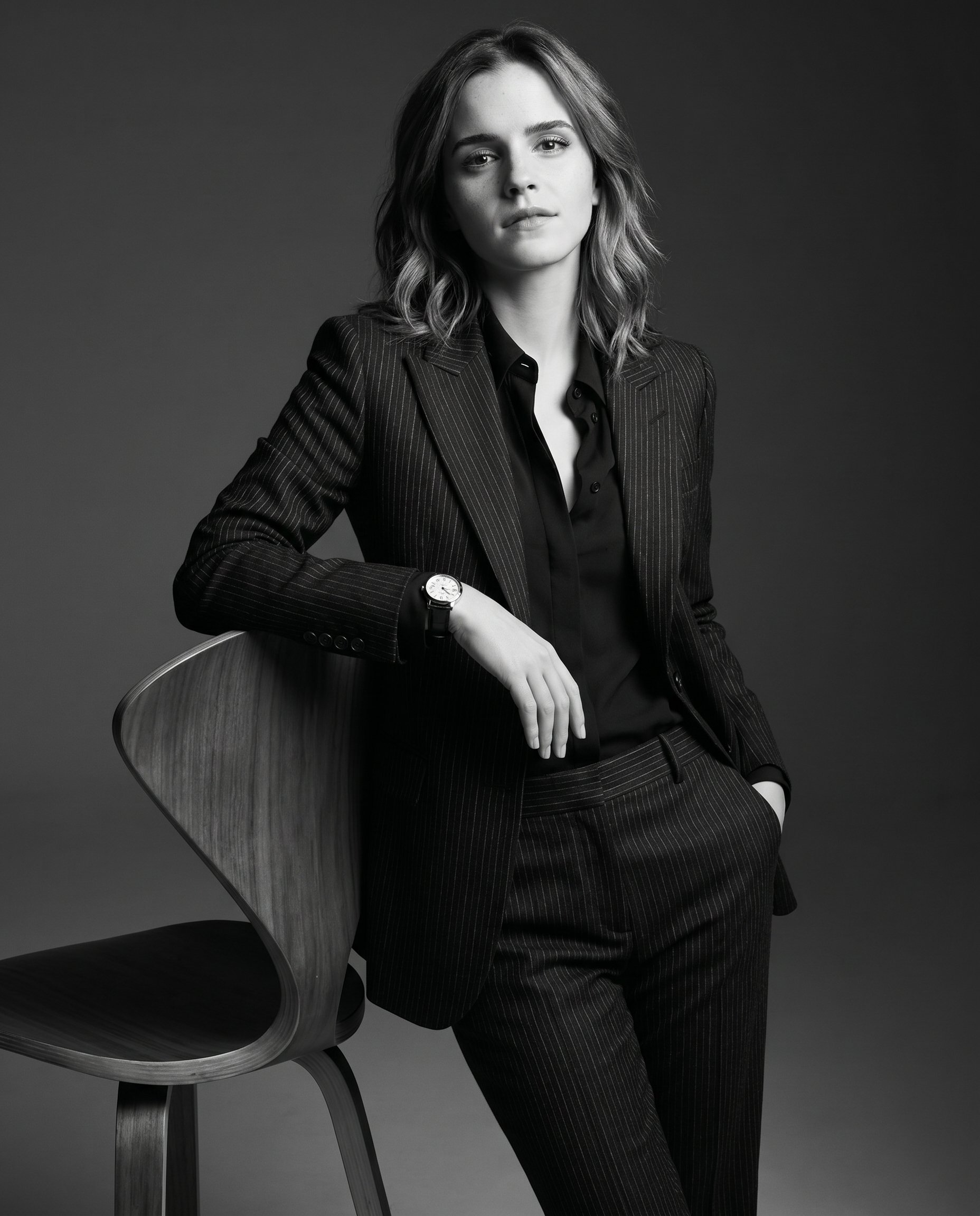 Create an ultra-photorealistic black-and-white fashion editorial portrait with a cinematic luxury studio aesthetic: elegant, minimal, refined, powerful, and magazine-quality.
Composition:
Medium-shot vertical 4:5 portrait.
The subject is slightly off-center, leaning confidently against a modern backward-facing wooden studio chair. The upper body, chair, both hands, wristwatch, and part of the lower body must be visible. Keep clean editorial framing, strong negative space, and no awkward cropping.

Pose:
The subject is not seated. They lean naturally against the chair in a relaxed but powerful posture. One arm rests over the top edge of the chair back, while the other hand stays naturally inside the trouser pocket. The wristwatch must be clearly visible. Shoulders relaxed, posture composed, body language strong, self-assured, and editorial.

Expression & Gaze:
Calm, confident, self-assured expression with closed lips or a subtle neutral look. The subject must not look sad, tired, weak, shy, dull, or emotionally heavy. Gaze slightly off-camera to the side, not directly into the lens.

Wardrobe:
Perfectly tailored slim-fit dark pinstripe suit with subtle vertical stripes, paired with a dark open-collar shirt. In black-and-white, the suit and shirt must have clear tonal separation: suit slightly lighter or more textured, shirt slightly deeper or smoother. The outfit should look sharp, structured, premium, fitted, with crisp tailoring lines and realistic fabric texture.

Hair & Styling:
Preserve the subject’s hairstyle and natural texture accurately. Styling should feel polished, elegant, and fashion-editorial. Keep makeup or grooming minimal and refined, enhancing the face without looking artificial.

Environment:
Minimal seamless dark grey gradient studio backdrop. No visible edges, corners, extra props, text, logos, or distractions except the wooden chair.

Lighting:
Moody directional studio lighting in pure monochrome. Use strong but controlled contrast with soft falloff to sculpt the face, cheekbones, jawline, hair, suit texture, shirt separation, wristwatch, hands, and chair details. Maintain cinematic depth, rich tonal range, and no harsh overexposure.

Quality & Style:
Ultra-realistic 8K monochrome fashion editorial photography. Crisp focus on the face, eyes, lips, hair, suit fabric, shirt, watch, hands, and chair. Realistic skin texture, natural shadows, refined tonal depth, and premium magazine finish. No plastic skin, no artificial smoothing, no painterly effect, no warm tone, no sepia tint.

Negative Instructions:
Do not make the subject seated, slouched, sad, weak, shy, overly emotional, lifeless, or directly looking into the camera. Do not blend the shirt and suit into one flat tone. Do not crop the hands, wristwatch, head, or chair. Do not add extra props, text, logos, warm tones, sepia tint, or distracting background elements.