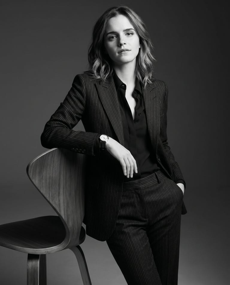 Create an ultra-photorealistic black-and-white fashion editorial portrait with a