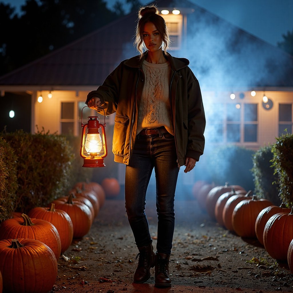 Full-body wide shot at waist height with a 35 mm lens, f/2.8, ISO 800, 1/125 s. Shot just after sunset, with the primary key being a warm kerosene lantern held in her left hand. The lantern’s light pools across her front, illuminating the oatmeal cable-knit sweater’s thick stitches and catching the sheen of her olive waxed-canvas jacket. Shadows fall naturally away from the lantern toward her right hip and down across the pumpkin rows, creating believable depth. Secondary blue ambient light from the open sky fills her hair — a loose auburn bun — and the edges of her jeans and lace-up leather boots. Focus is set so her entire body is sharp, while the far pumpkins and farmhouse silhouette behind are softly defocused. Her right foot is mid-step, the sole slightly lifted, with faint breath visible in the cool air. Highly detailed, highly realistic, HDR.