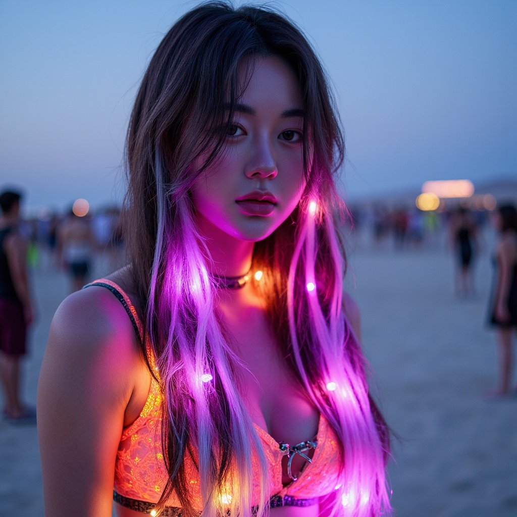 Portrait of a woman wearing luminous fiber-optic strands in her hair, glowing softly at dusk in the open desert, layered bohemian outfit, Burning Man vibe”
