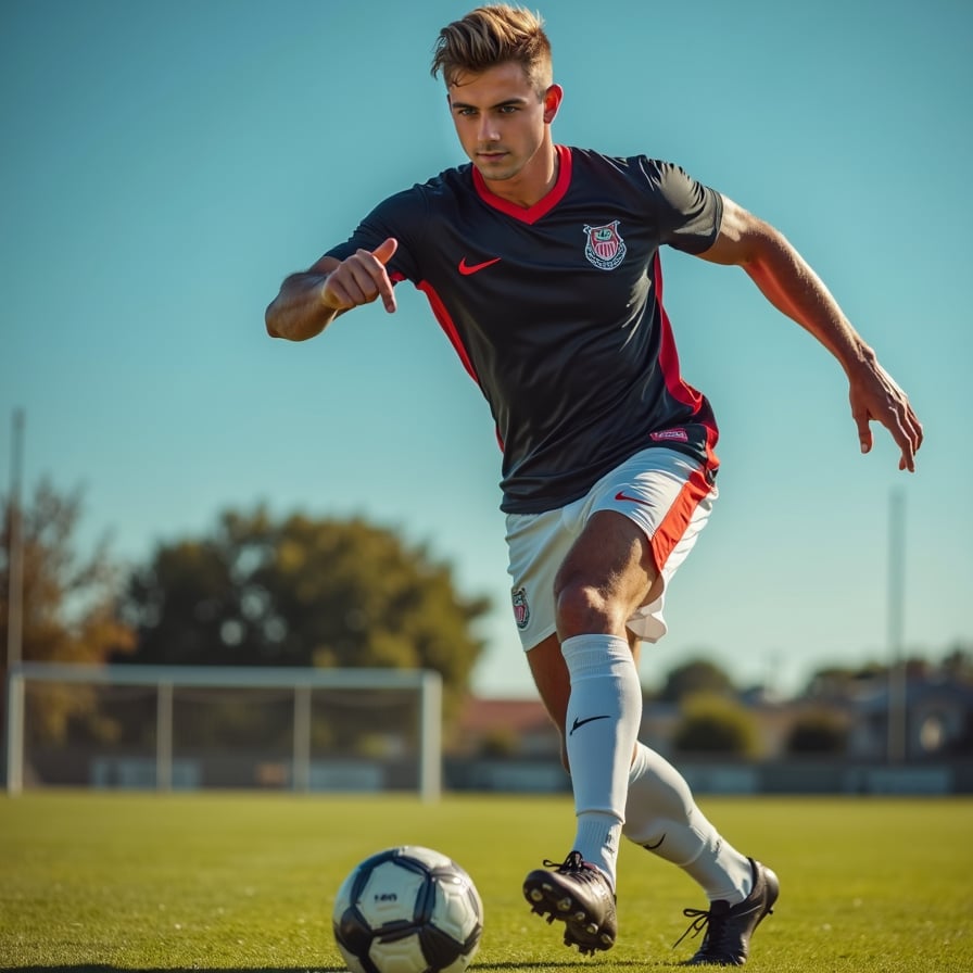 man in athletic wear, focused expression, expertly dribbling a football, poised in a dynamic stance on a lush green field under a clear blue sky.