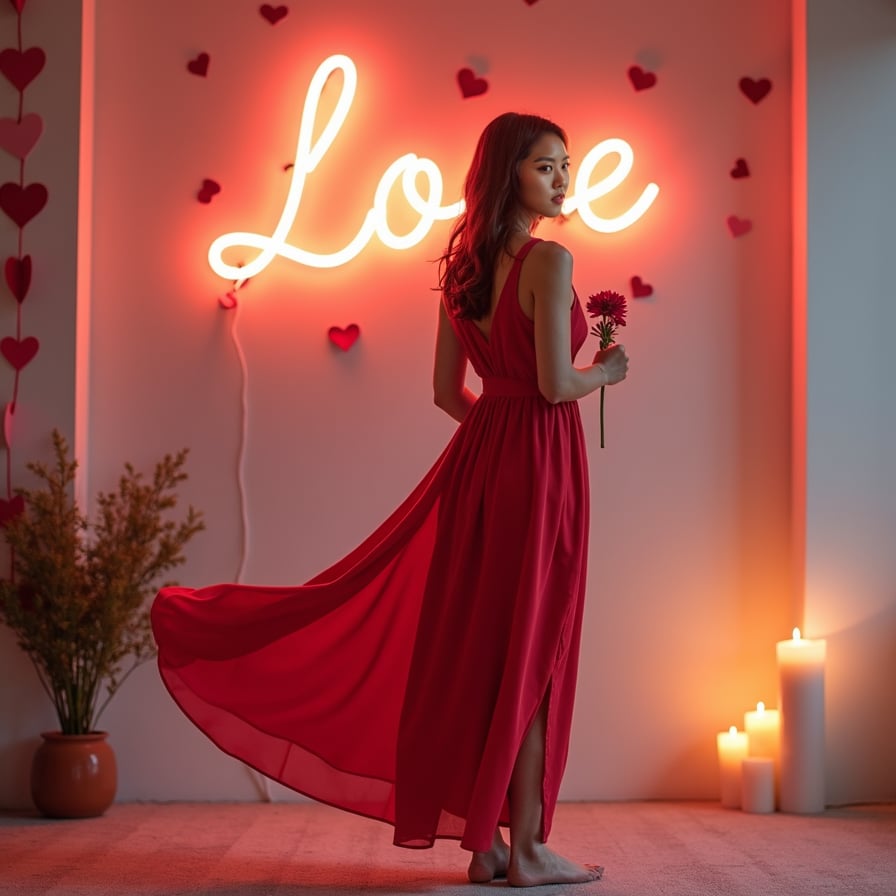 A model wearing a flowing red dress, standing in front of a glowing "Love" neon sign, surrounded by Valentine's Day decor like heart-shaped garlands and candles.