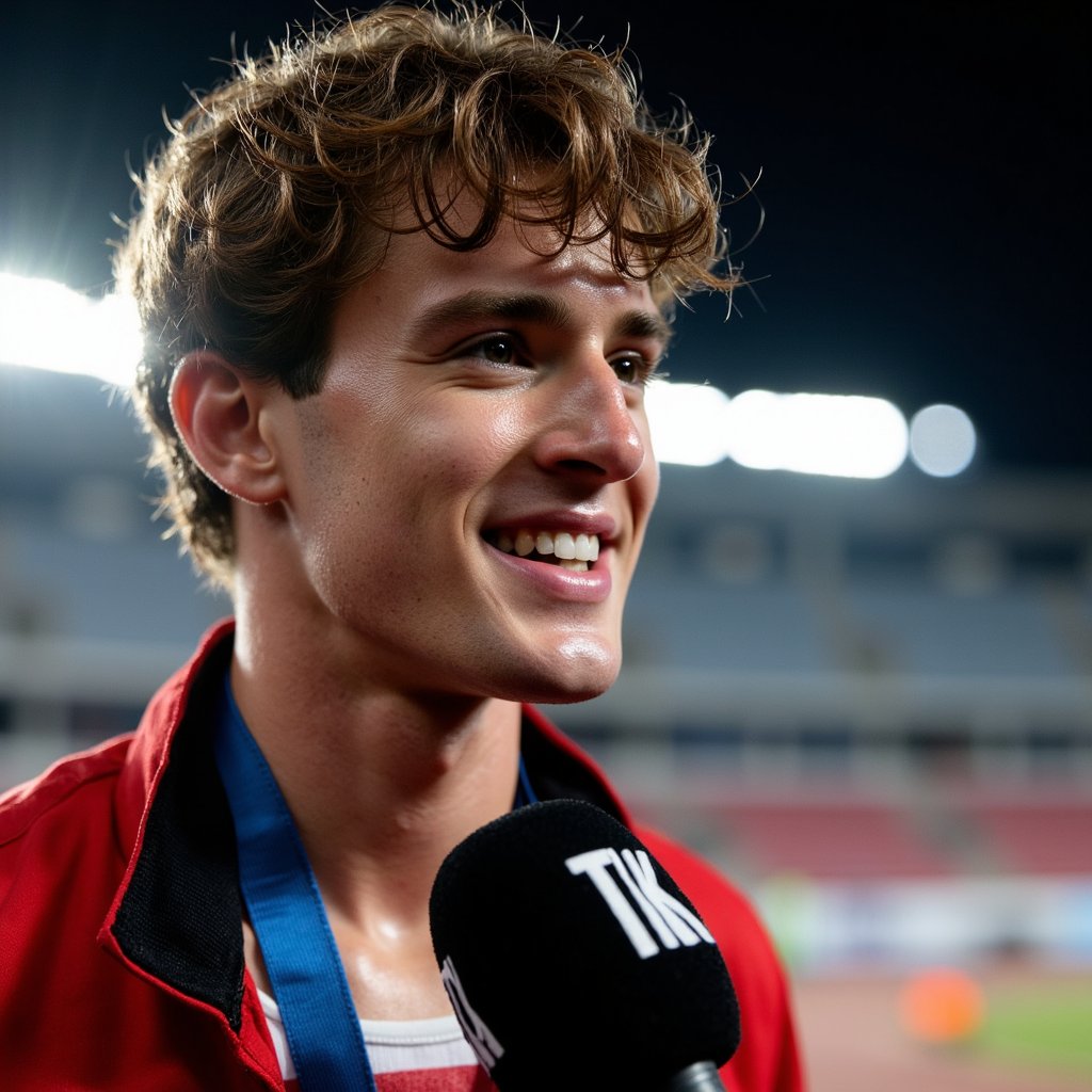 Headshot of a smiling athlete being interviewed trackside, race bib still pinned, hair messy from race, handheld mic visible — post-event celebration moment