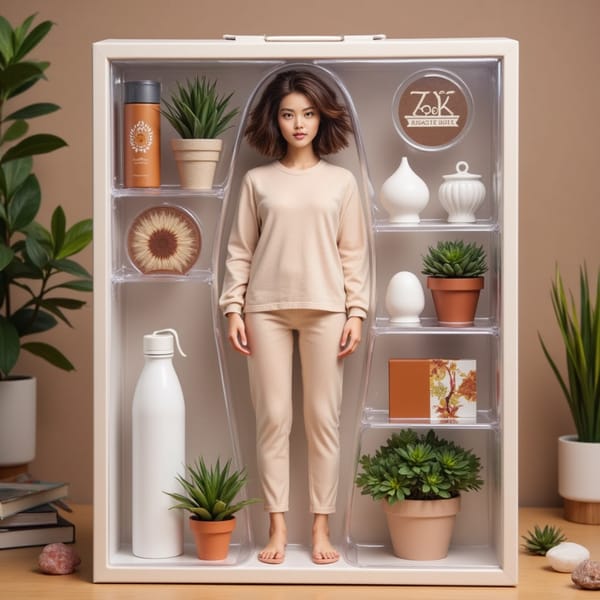 Woman in activewear, with a water bottle, plants, and crystals around her — serene colors and zen mood