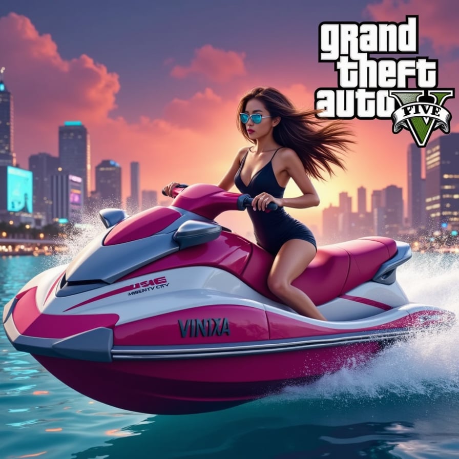A high-speed jet ski police chase through neon-lit canals at midnight in Vice City — cinematic, storm clouds gathering, water splashing dramatically