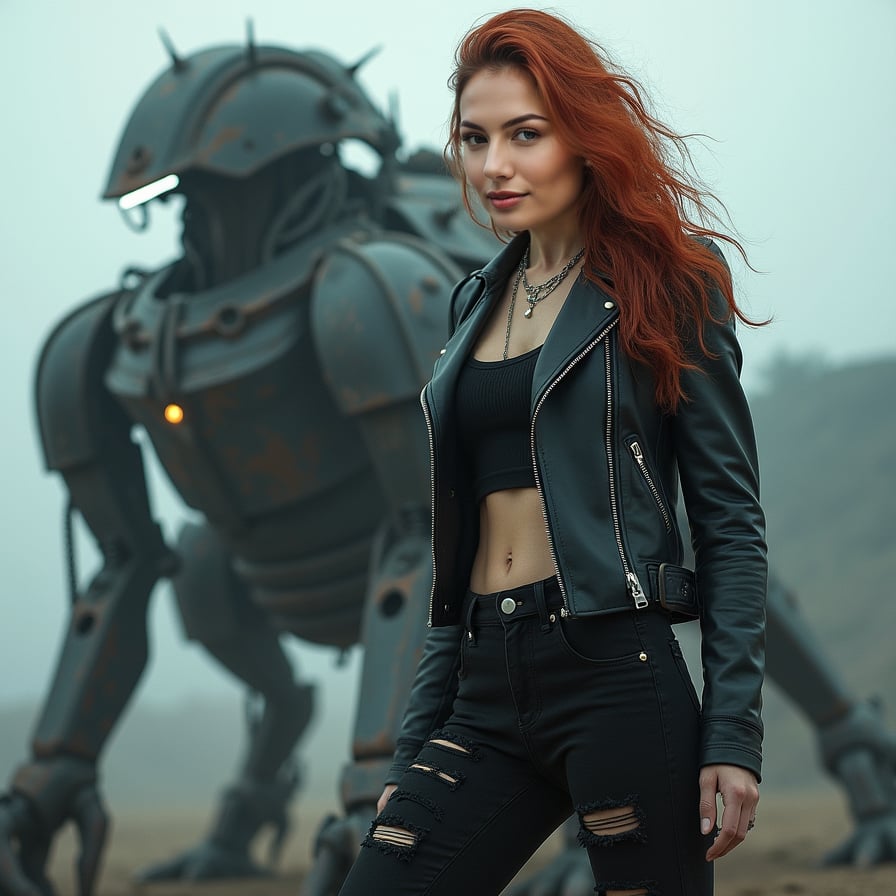 Woman in distressed black leather jacket, skinny high-waist ripped jeans, fiery mane flowing freely, commanding a monstrous mechanical vehicle, foggy post-apocalyptic wasteland background, intense dramatic lighting, dark industrial colors, positioned on the right side of the frame, cinematic composition, low-angle shot.
