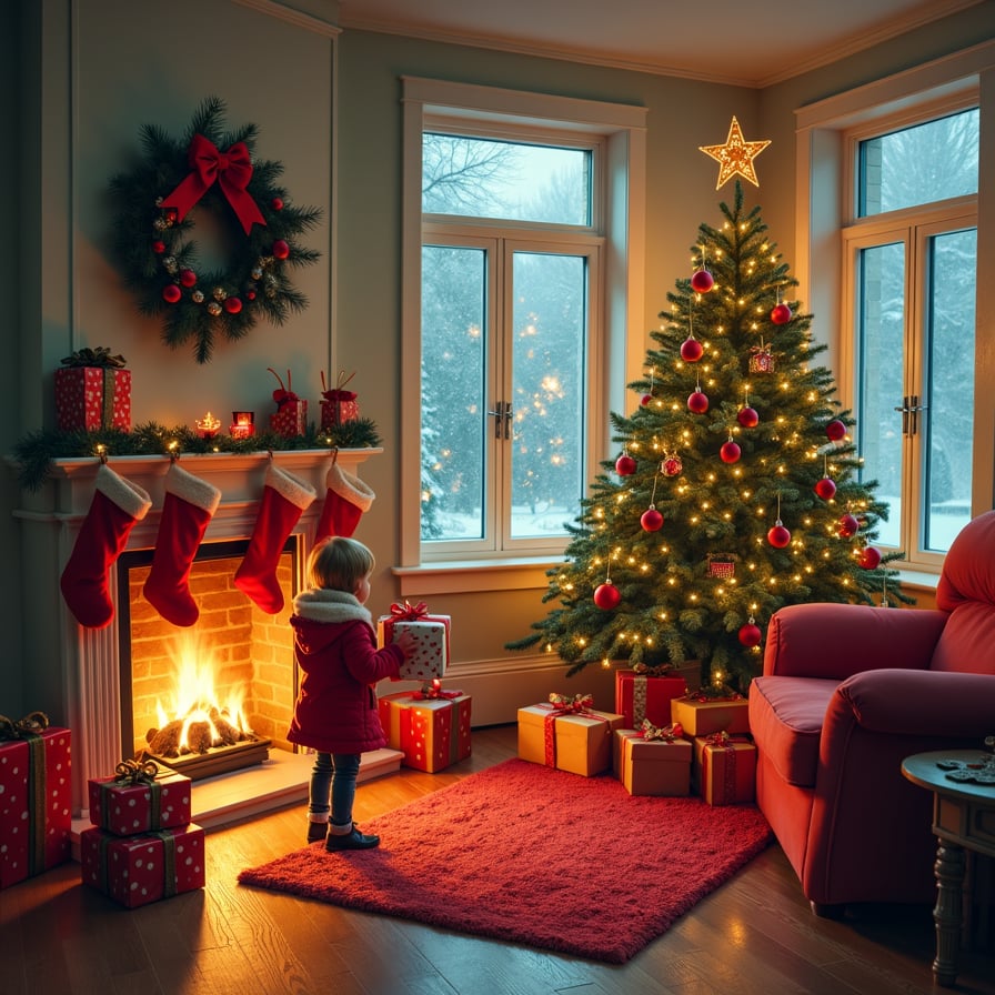 Scene of a living room decked out in red and green with a glowing Christmas tree surrounded by wrapped presents. A cozy fireplace with stockings hung above it is visible, and a child excitedly shakes a gift while snow falls outside the frosted windows.