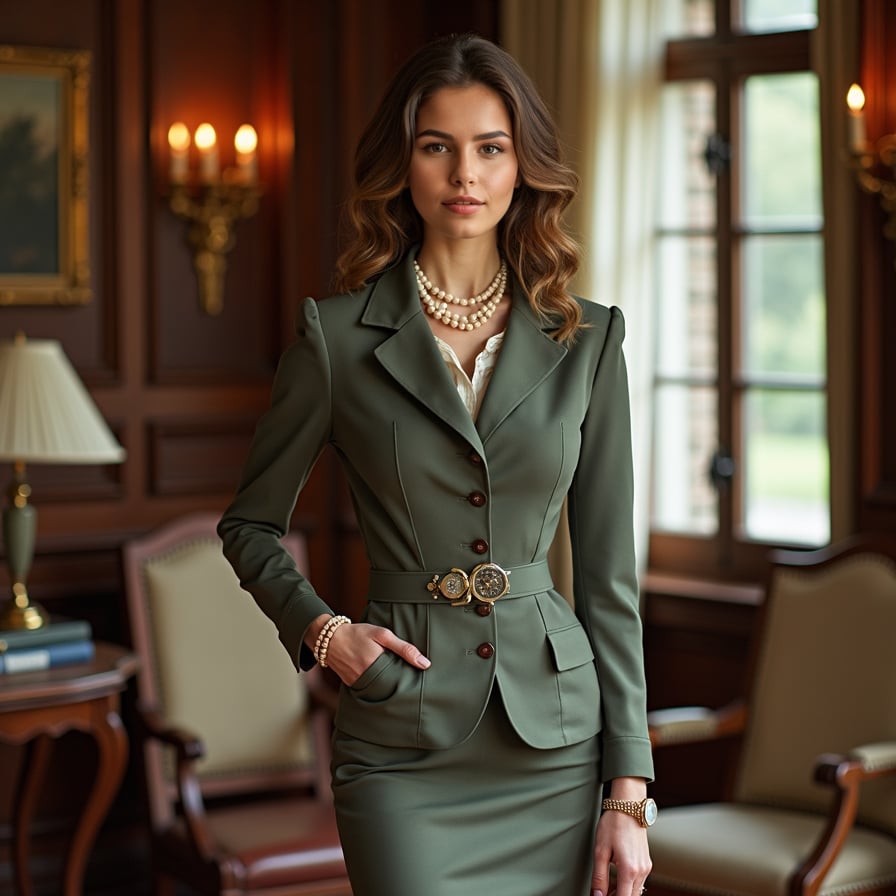 woman styled in a vintage-inspired outfit, such as a tailored dress or blouse with pearls. Her hair is neatly styled in soft waves or an updo. The background is a serene estate garden or an opulent, softly lit parlor. Her pose is poised and graceful, reflecting timeless charm