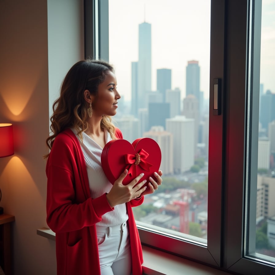 A model standing by a window with a romantic city skyline view, holding a heart-shaped gift box, dressed in a red and white outfit with Valentine's-themed accessories.