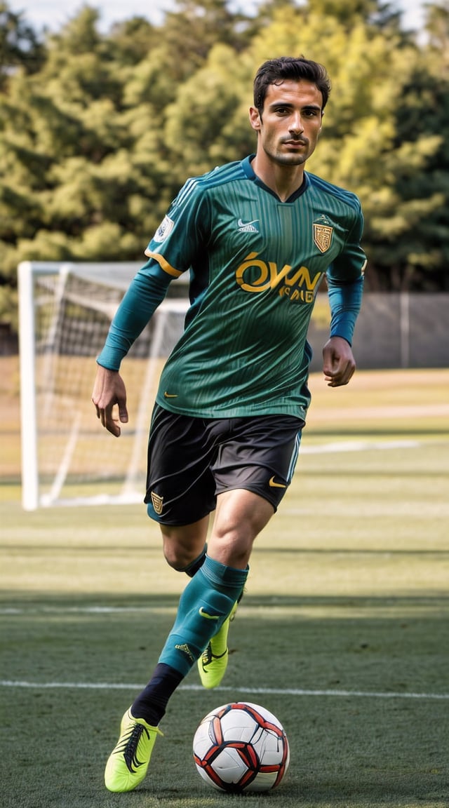 Athletic man in action, soccer jersey, green field, sunlight.