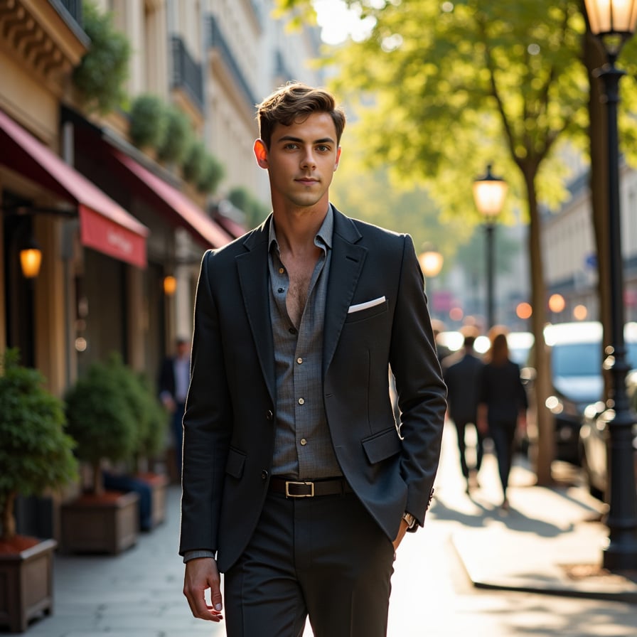man in stylish, modern attire, wearing a fitted blazer and slim-fit trousers, walking down a charming Parisian street lined with historic buildings, quaint cafes, and ornate lampposts, surrounded by lush greenery and vibrant street performers, under the soft, warm glow of afternoon sunlight filtering through the leafy trees.
